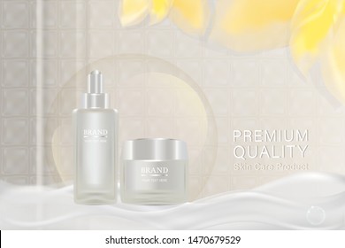 Beauty product ad design, white cosmetic containers with collagen solution advertising background ready to use, luxury skin care banner, illustration vector.