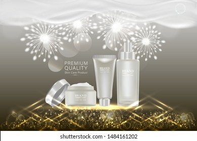 Beauty product ad design, white cosmetic containers with holiday concept advertising background ready to use, luxury skin care banner, illustration vector.	