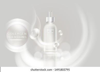 Beauty product ad design, white cosmetic container with collagen solution advertising background ready to use, luxury skin care banner, illustration vector.	