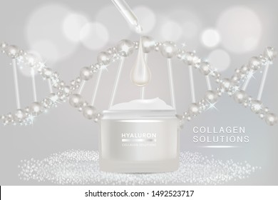 Beauty product ad design, white cosmetic container with collagen solution advertising background ready to use, luxury skin care banner, illustration vector.