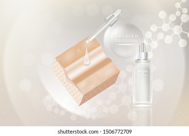 Beauty product ad design, white cosmetic container with collagen solution advertising background ready to use, luxury skin care banner, illustration vector.