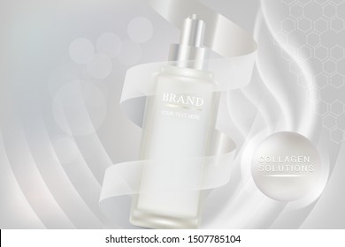 Beauty product ad design, white cosmetic container with collagen solution advertising background ready to use, luxury skin care banner, illustration vector.	