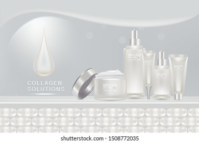 Beauty product ad design, white cosmetic containers with collagen solution advertising background ready to use, luxury skin care banner, illustration vector.	