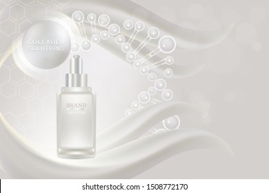 Beauty product ad design, white cosmetic container with collagen solution advertising background ready to use, luxury skin care banner, illustration vector.	