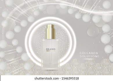 Beauty product ad design, white cosmetic container with collagen solution advertising background ready to use, luxury skin care banner, illustration vector.	
