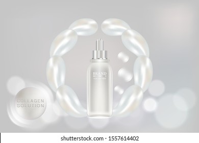 Beauty product ad design, white cosmetic container with collagen solution advertising background ready to use, luxury skin care banner, illustration vector.	