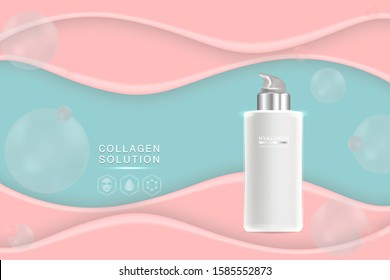 Beauty product ad design, white cosmetic container with collagen solution advertising background ready to use, luxury skin care banner, illustration vector.	