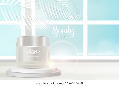 Beauty product ad design, white cosmetic container with natural concept advertising background ready to use, luxury skin care banner, illustration vector.