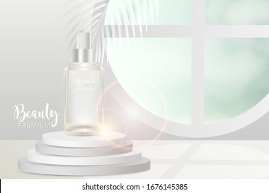 Beauty product ad design, white cosmetic container with natural concept advertising background ready to use, luxury skin care banner, illustration vector.