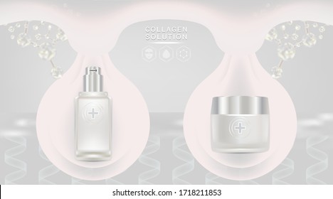 Beauty product ad design, white cosmetic containers with collagen solution advertising background ready to use, luxury skin care banner, illustration vector.