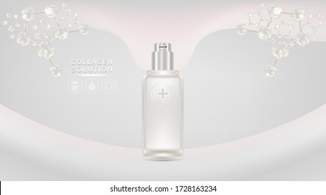 Beauty product ad design, white cosmetic container with collagen solution advertising background ready to use, luxury skin care banner, illustration vector.
