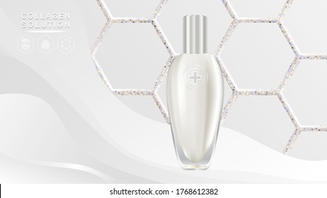 Beauty product ad design, white cosmetic container with collagen solution advertising background ready to use, luxury skin care banner, illustration vector.	