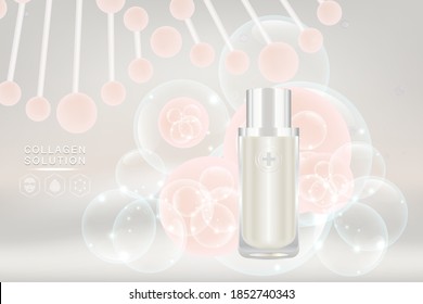 Beauty product ad design, white cosmetic container with collagen solution advertising background ready to use, luxury skin care banner, illustration vector.	