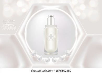 Diseño de productos de belleza, contenedor cosmético blanco con fondo publicitario de solución de colágeno listo para usar, banner de cuidado de piel de lujo, vector de ilustración.