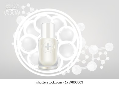 Beauty product ad design, a white cosmetic container with collagen solution advertising background ready to use, luxury skincare banner, illustration vector.