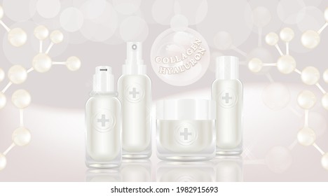 Beauty product ad design, white cosmetic containers with collagen solution advertising background ready to use, luxury skincare banner, illustration vector.