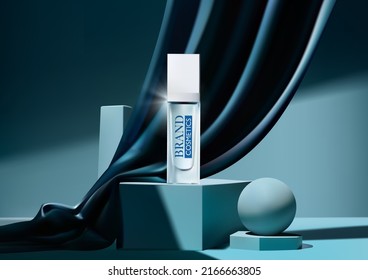 Beauty product ad podium and blue silk fabric flow   cosmetic product ad  luxury packaging 