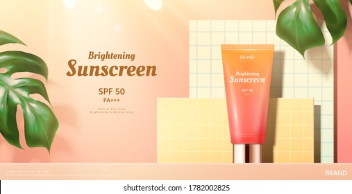 Beauty product ad template, sunscreen mock-up on thin plaid background with monstera leaves, 3d illustration