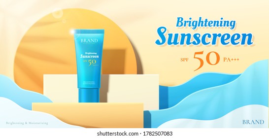 Beauty product ad template, sunscreen mock-up on square podium with ocean wave paper art background, 3d illustration