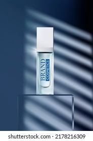 Beauty product ads with podium glass on blind curtain shadow on blue wall background. Realistic vector illustration .