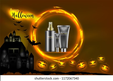 Beauty product, Black Cosmetic containers with advertising background ready to use, Halloween concept skin care ad.