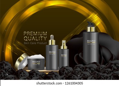 Beauty product, black cosmetic containers with advertising background ready to use, luxury skin care ad. illustration vector.