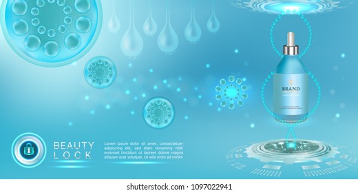 Beauty product, blue cosmetic container with advertising background ready to use, technology concept skin care ad, illustration vector.