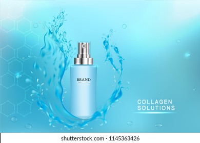 Beauty product, blue cosmetic container with advertising background ready to use, water splash luxury skin care ad, illustration vector.