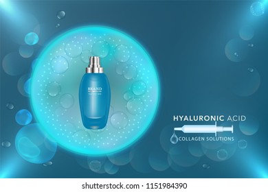 Beauty product, blue cosmetic container with advertising background ready to use, luxury skin care ad, syringe in 3d illustration.