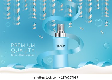 Beauty product, blue cosmetic container with advertising background ready to use, holiday concept skin care ad, illustration vector.