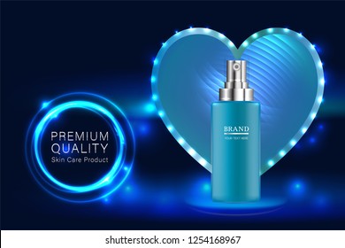 Beauty product, blue cosmetic container with advertising background ready to use, valentines concept skin care ad, illustration vector.