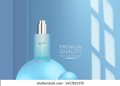 Beauty product, blue cosmetic container with advertising background ready to use, luxury skin care ad, illustration vector.