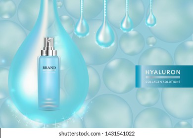 Beauty product, blue cosmetic container with advertising background ready to use, collagen serum drop skin care ad, illustration vector.