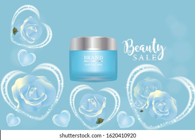 Beauty product, blue cosmetic container with advertising background ready to use, valentines concept skin care ad, illustration vector.	