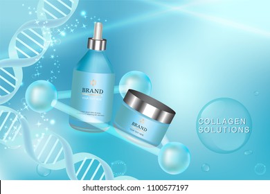 Beauty product, blue cosmetic containers with advertising background ready to use, luxury skin care ad, vector 3d illustration.