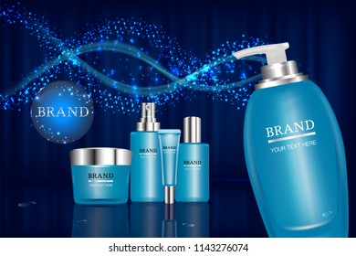 Beauty product, blue cosmetic containers with advertising background ready to use, luxury skin care ad, illustration vector.	