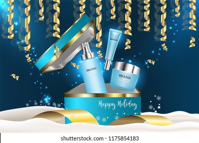 Beauty product, blue cosmetic containers with advertising background ready to use, holiday concept skin care ad, illustration vector.