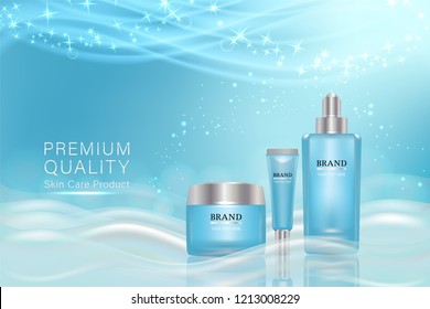 Beauty product, blue cosmetic containers with advertising background ready to use, luxury skin care ad, illustration vector.