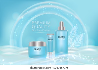 Beauty product, blue cosmetic containers with advertising background ready to use, holiday concept skin care ad, illustration vector.	