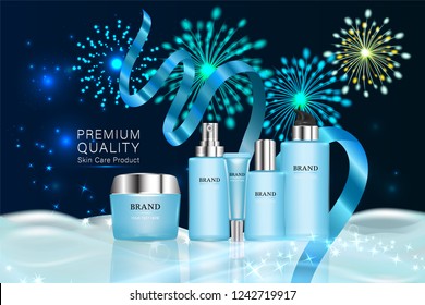 Beauty product, blue cosmetic containers with advertising background ready to use, holiday concept skin care ad, illustration vector.