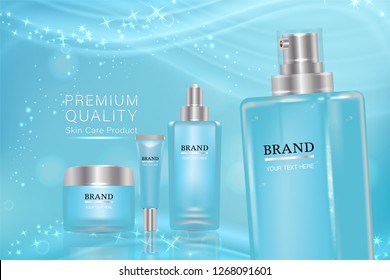 Beauty product, blue cosmetic containers with advertising background ready to use, holiday concept skin care ad, illustration vector.