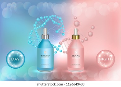 Beauty product, blue and pink cosmetic containers with night and day advertising background ready to use, luxury skin care ad, illustration vector.