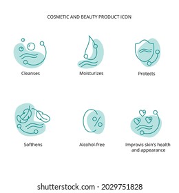 Beauty product, face cleansing, alcohol free makeup removing lotion, mask cosmetic and beauty tretment icon set for web, packaging design. Vector stock illustration isolated on white background. EPS10