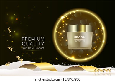 Beauty product, gold cosmetic container with advertising background ready to use, holiday concept luxury skin care ad, illustration vector.