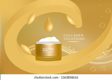 Beauty product, gold cosmetic container with advertising background ready to use, luxury skin care ad, 3d illustration vector