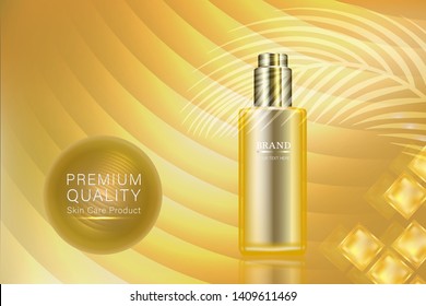 Beauty product, gold cosmetic container with advertising background ready to use, luxury skin care ad, illustration vector.