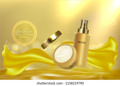 Beauty product, gold cosmetic containers with advertising background ready to use, luxury skin care ad, vector illustration.