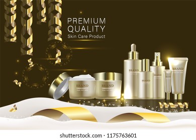 Beauty product, gold cosmetic containers with advertising background ready to use, holiday concept skin care ad, illustration vector.	