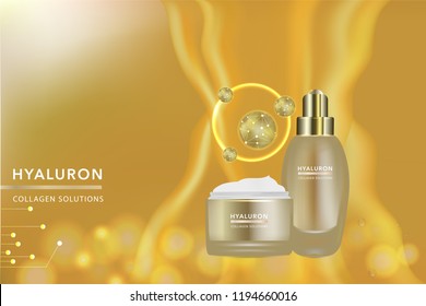 Beauty product, gold cosmetic containers with advertising background ready to use, luxury skin care ad, illustration vector.	