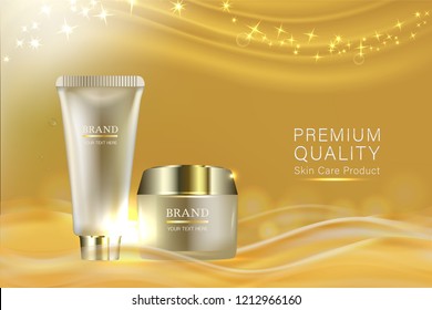 Beauty product, gold cosmetic containers with advertising background ready to use, luxury skin care ad, illustration vector.